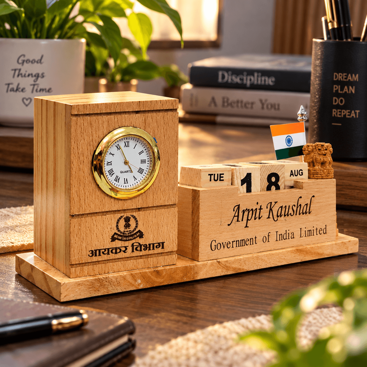 Personalized Wooden Executive Desk Clock & Perpetual Calendar